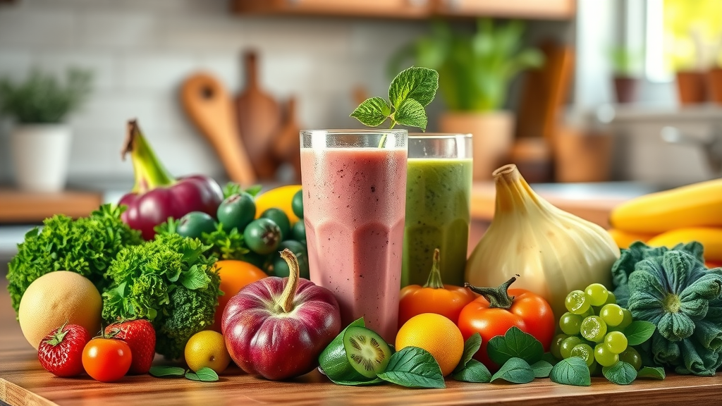 healthy smoothie ingredients on kitchen counter with morning light