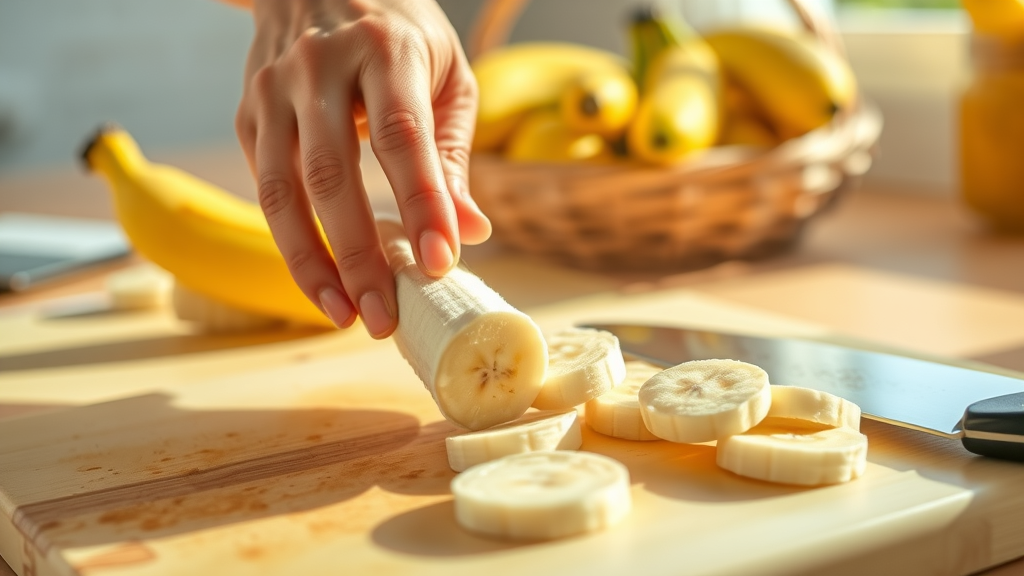 banana smoothie ingredient, sliced banana on cutting board in bright kitchen