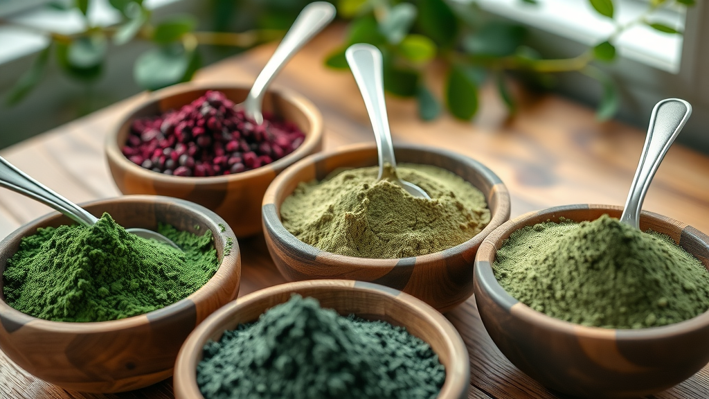 spirulina, matcha, acai powders as healthy smoothie ingredients