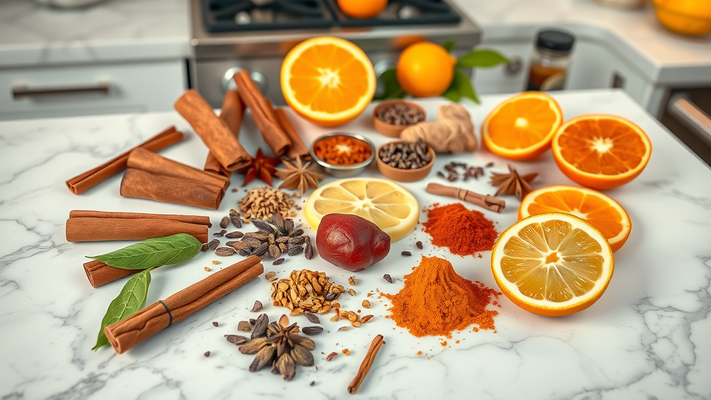 spices and citrus slices as healthy smoothie ingredients, arranged on countertop