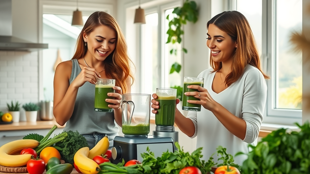 Wellness-focused women blending green detox smoothies with fresh fruits and vegetables in a modern kitchen, healthy smoothies for detox, natural daylight