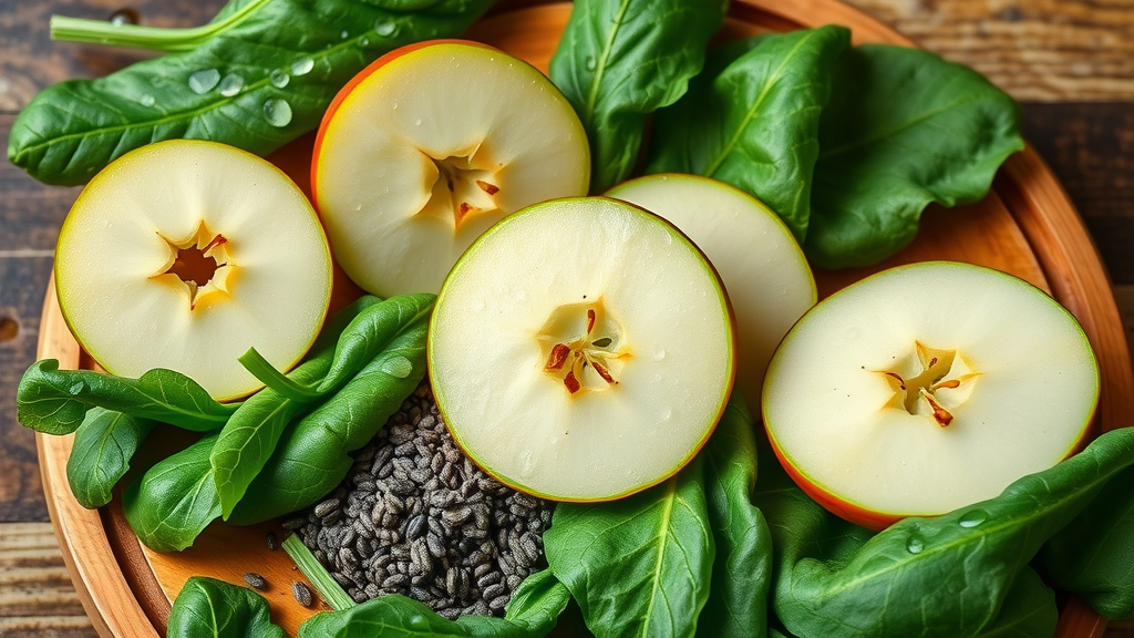 Healthy smoothies for detox: Fresh green apple, chia seeds, kale, and spinach beautifully arranged on a kitchen board, droplets highlighting freshness