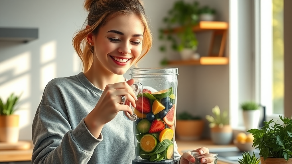 Woman preparing a detox smoothie at home, layering fresh spinach, green apple, chia seed, and banana into a blender for her healthy smoothies for detox journey