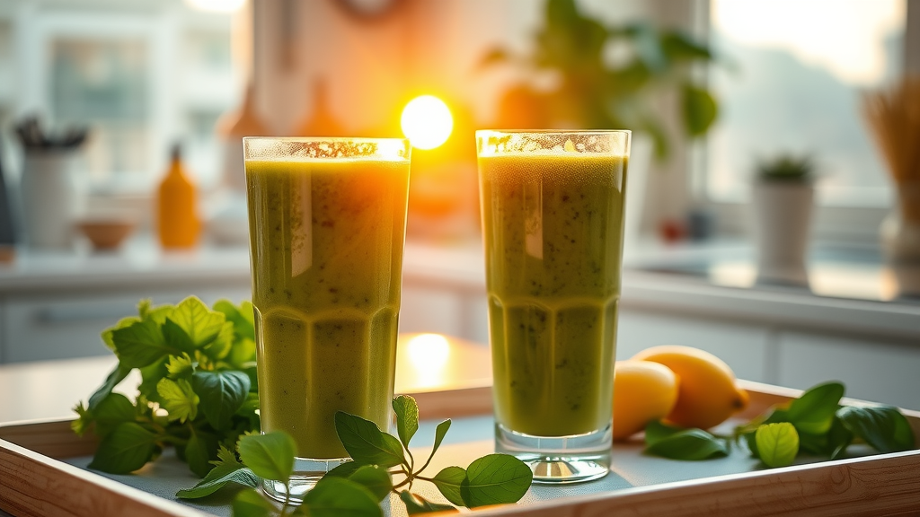 Glass of green detox smoothie on a breakfast tray, sunrise filtering through a kitchen window, healthy smoothies for detox goals, inviting morning setting
