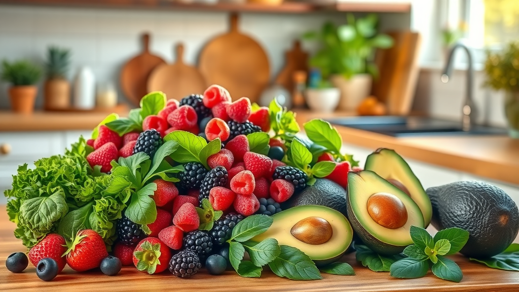 Vibrant display of berries, leafy greens, and avocados for hearthealthy smoothie recipes on a kitchen countertop with sunlight.