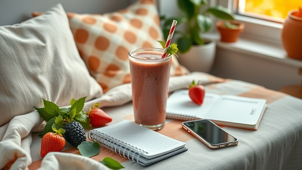 Artistic flat lay of chia seeds, flaxseed, walnuts, green tea, and protein powder arranged for easy hearthealthy smoothie customization.