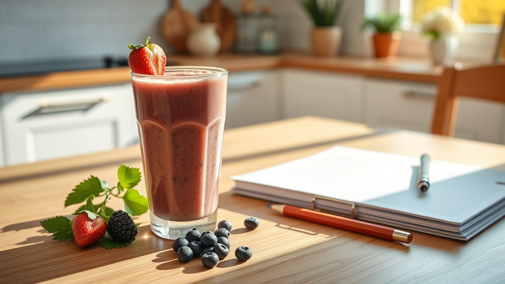 A hearthealthy smoothie on a kitchen table with a planner and motivational morning sunlight, emphasizing routine and wellness.