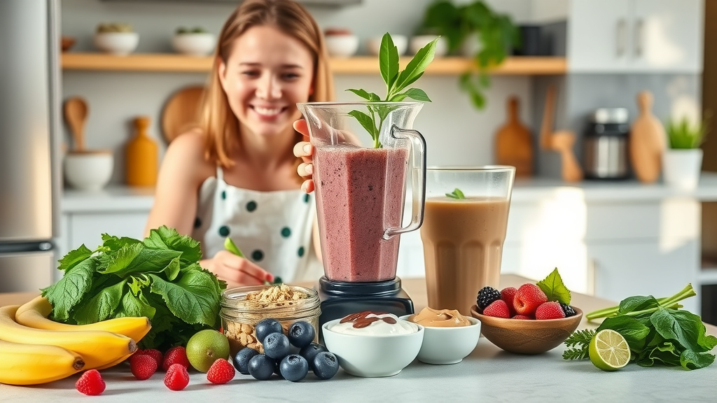 Smoothie recipes for muscle gain: fresh bananas, berries, leafy greens, nut butters, Greek yogurt on a sunny modern kitchen counter with a blender in action and natural colors, bright soft daylight.