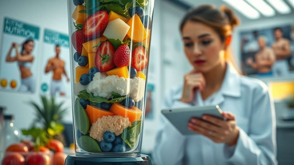 Science behind smoothie recipes for muscle gain: blender filled with colorful fruit, greens, protein powder in a modern lab with fitness posters, woman scientist with a tablet, bright colors and clinical lighting.