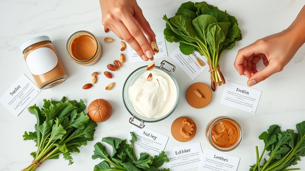 Protein smoothie recipes for muscle gain: flat lay of protein powders, nut butters, Greek yogurt, and leafy greens on a white marble background, preparation in progress, nuts sprinkled, bright daylight.