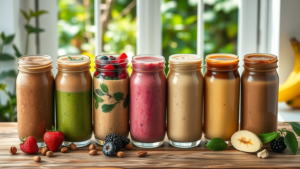 Seven smoothie recipes for muscle gain: jars of chocolate, peanut butter, green, berry, vanilla, banana, and coffee smoothies in a vibrant colorful row on a wooden table with fruit and nuts.