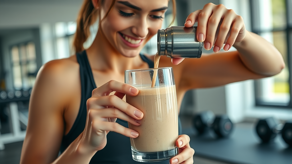 Female fitness enthusiast pours a smoothie into a glass with joyful focus in a bright gym, dumbbells in the background, pastel creamy smoothie colors, energetic healthy vibe.