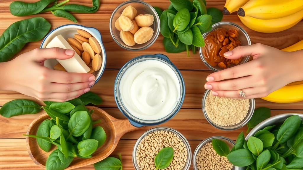 Smoothie recipes for muscle gain: closeup top-down view of Greek yogurt, almond butter, plant protein, bananas, flaxseed, spinach in bowls on a wooden island, cartoon hands swapping ingredients, morning light.