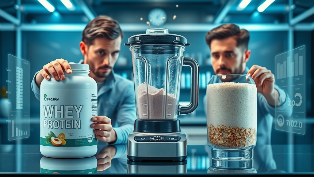 Whey protein and plant-based protein comparison for smoothie recipes for muscle gain: two scoops, sleek blender, health data in a futuristic modern metallic kitchen, blue cool lighting.