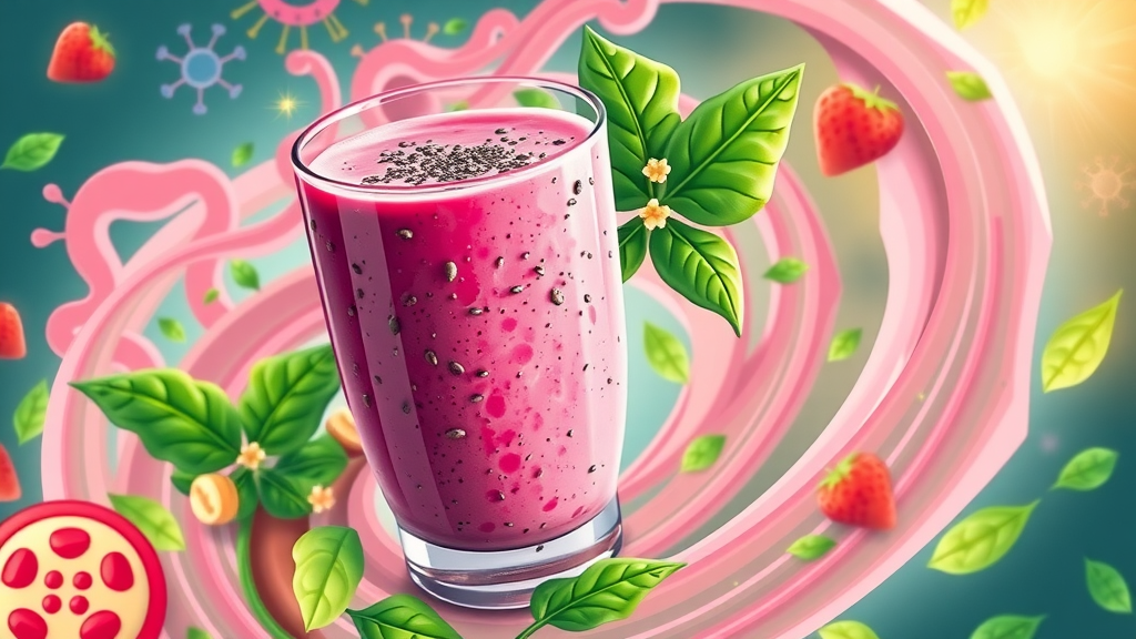 Smoothie recipes for muscle gain: vivid swirling smoothie with visible chia seeds and spinach, backdrop of health icons for digestive and immune benefits, animated bright colors.