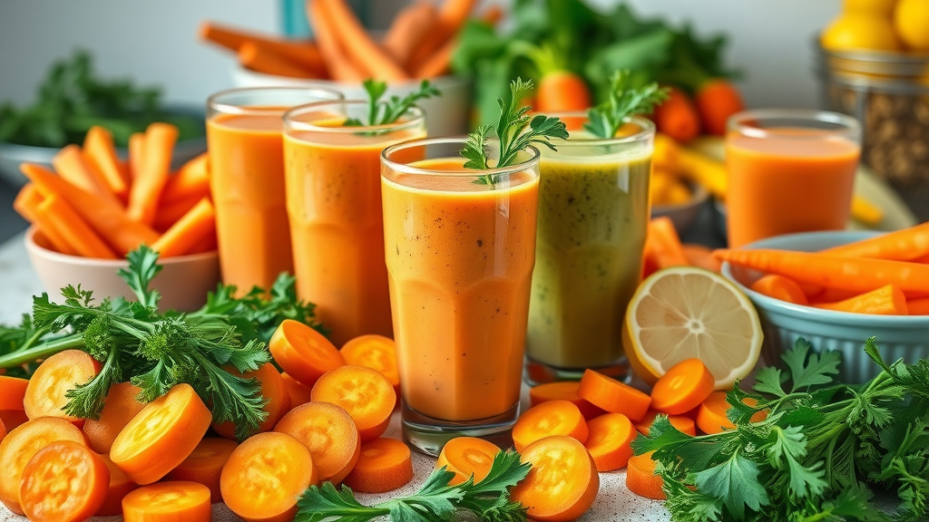 Colorful display of raw and cooked carrots with glasses of carrot smoothies on a kitchen counter.