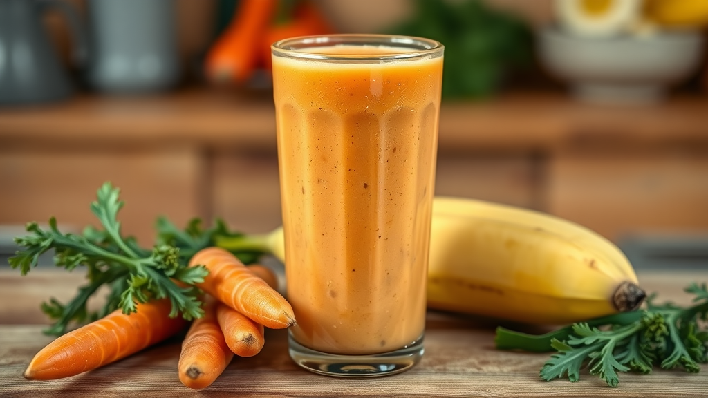 Classic carrot smoothie in a glass, with raw carrot and banana beside it on a wooden surface.