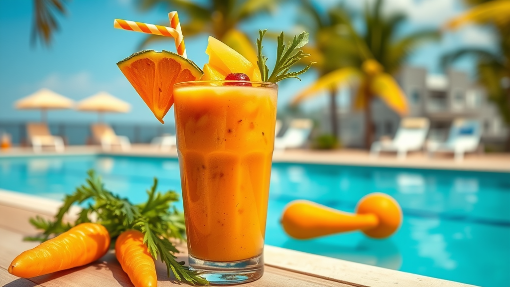 Refreshing tropical carrot smoothie with pineapple and mango, vibrant yellow and orange, on a sunlit outdoor table.