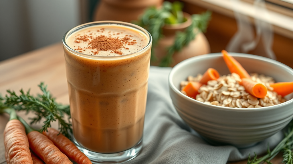 Protein carrot smoothie with cooked carrots and oats, sprinkled with cinnamon, in a cozy breakfast setting.