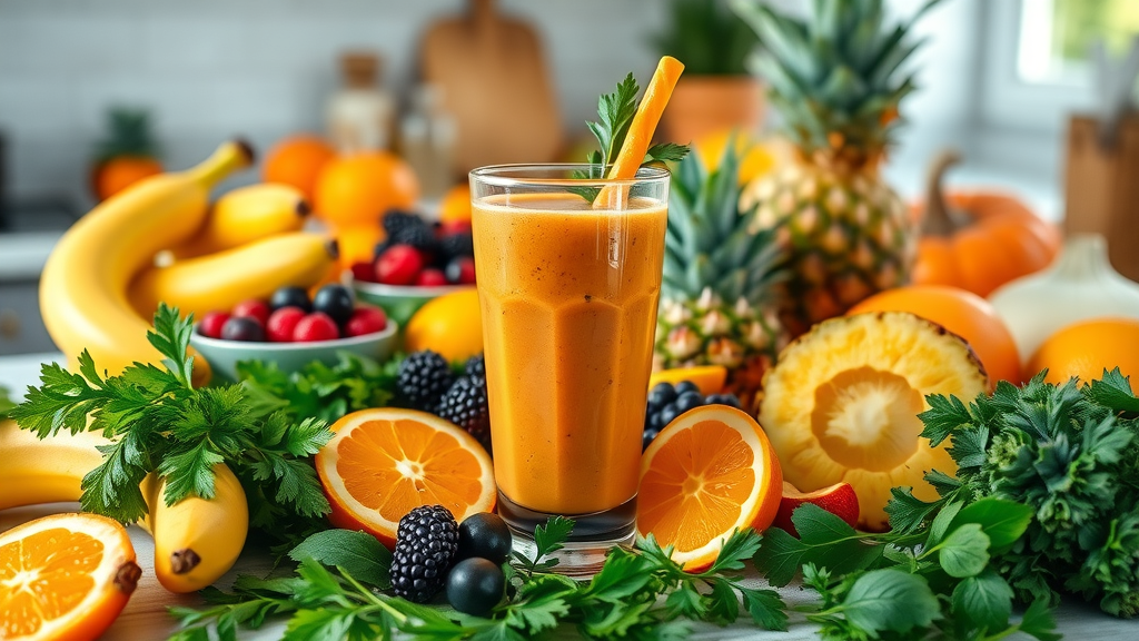 Assorted fruits like bananas, oranges, berries, mango, and pineapple with a carrot smoothie glass on a bright kitchen counter.
