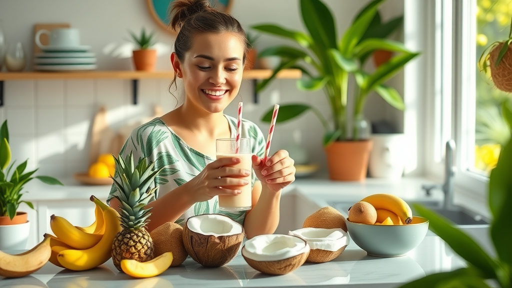 Smoothie recipes with coconut water prepared in a vibrant tropical kitchen with fresh fruit