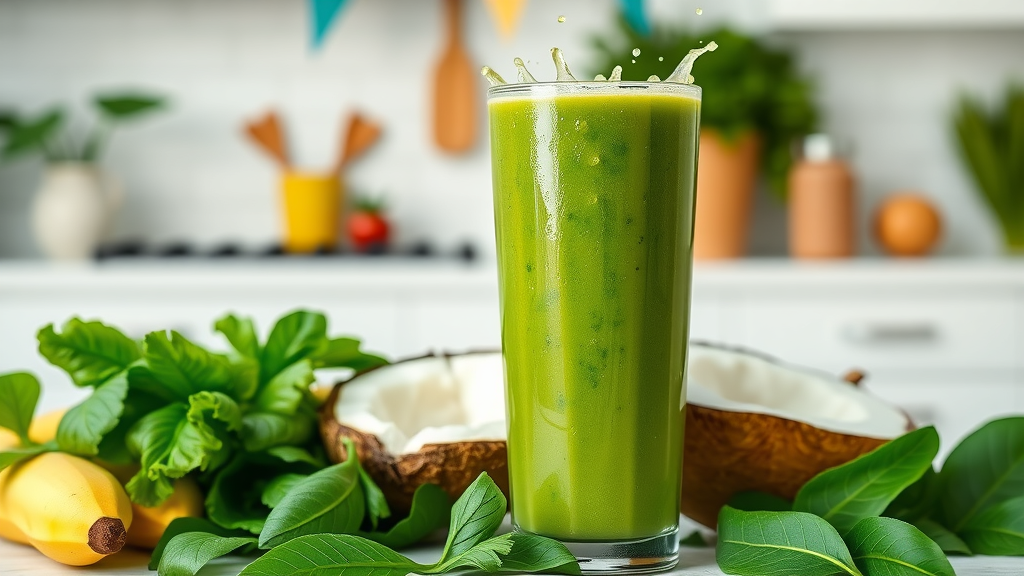 Green smoothie with coconut water surrounded by fresh greens, bananas, and a halved coconut