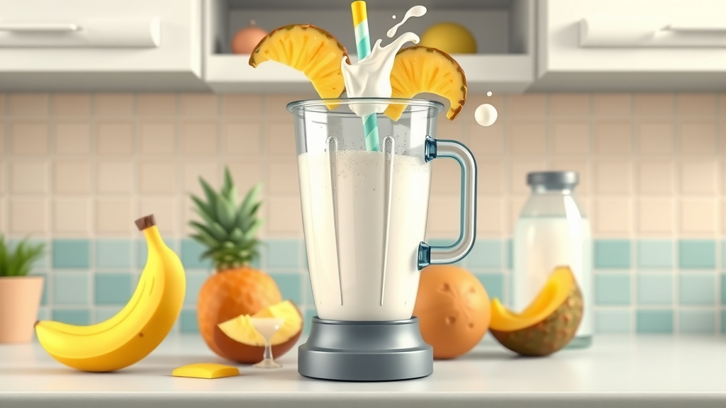 Animated coconut water smoothie ingredients: banana, mango, pineapple, coconut water blending