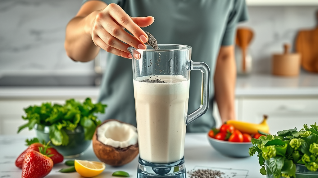 Adding chia seeds and flaxseed to coconut water smoothie with vibrant fruits in kitchen