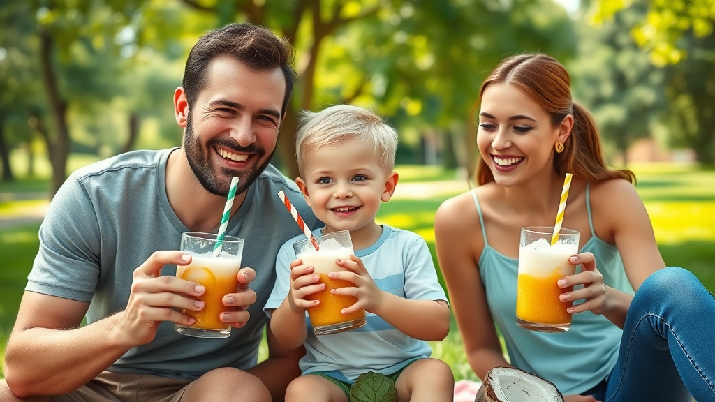 Family enjoying coconut water smoothies outdoors in a green park setting