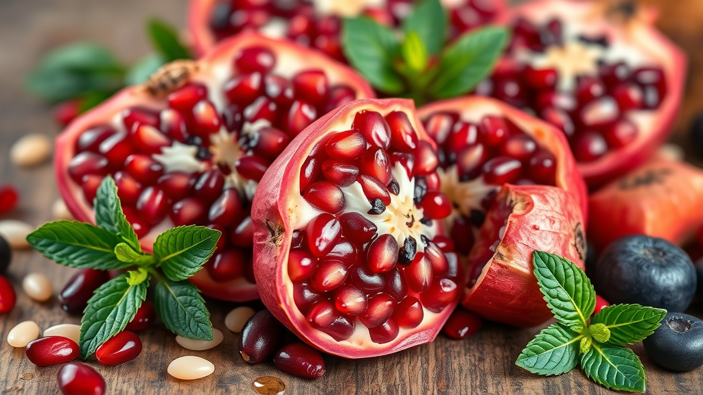 smoothie recipes with pomegranate fresh cut fruit and berries on rustic wood with mint leaves, pomegranate seeds, 4K photorealistic