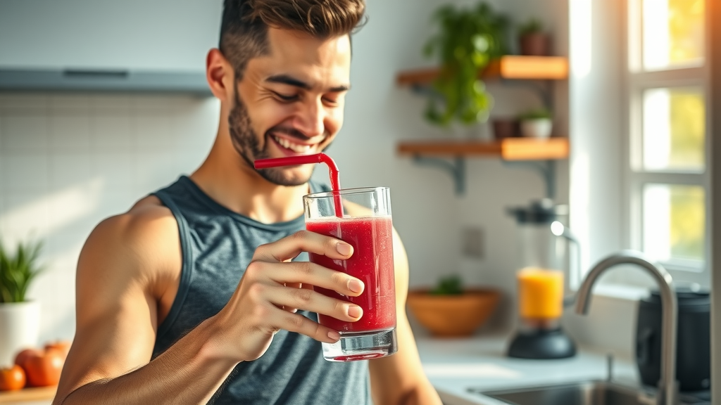 healthy pomegranate smoothie athlete pouring glass modern kitchen pomegranate smoothie recipe ingredients, 4K photorealistic