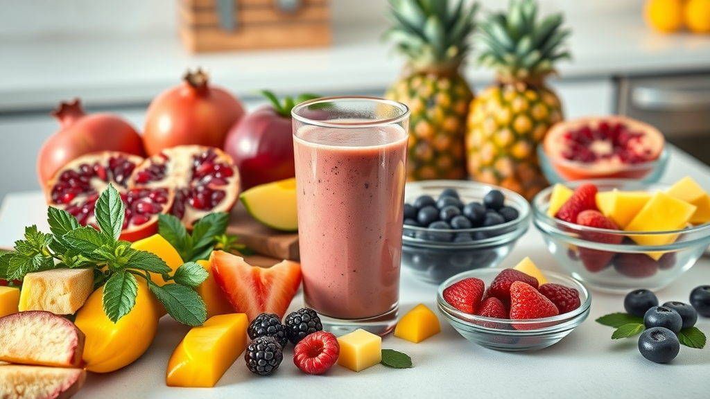 smoothie recipes with pomegranate assortment of fresh fruits for smoothie, including mango, pineapple, berries and pomegranate, photorealistic, bright