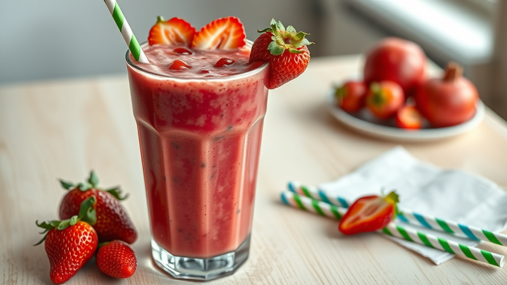 strawberry pomegranate smoothie recipes with frothy smoothie, fresh fruit, and bright color, healthy breakfast idea