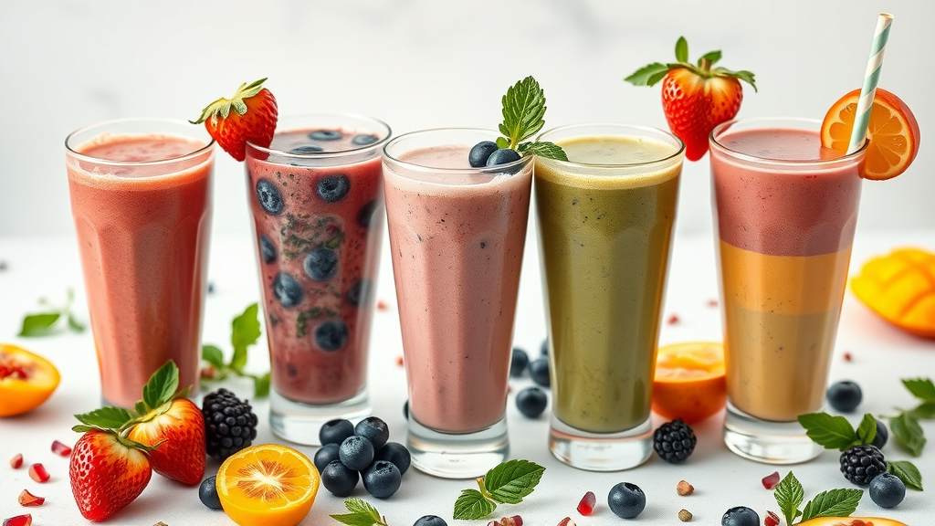 smoothie recipes with pomegranate assorted colorful fruit smoothies with pomegranate, blueberry, mango, and green smoothies, photorealistic