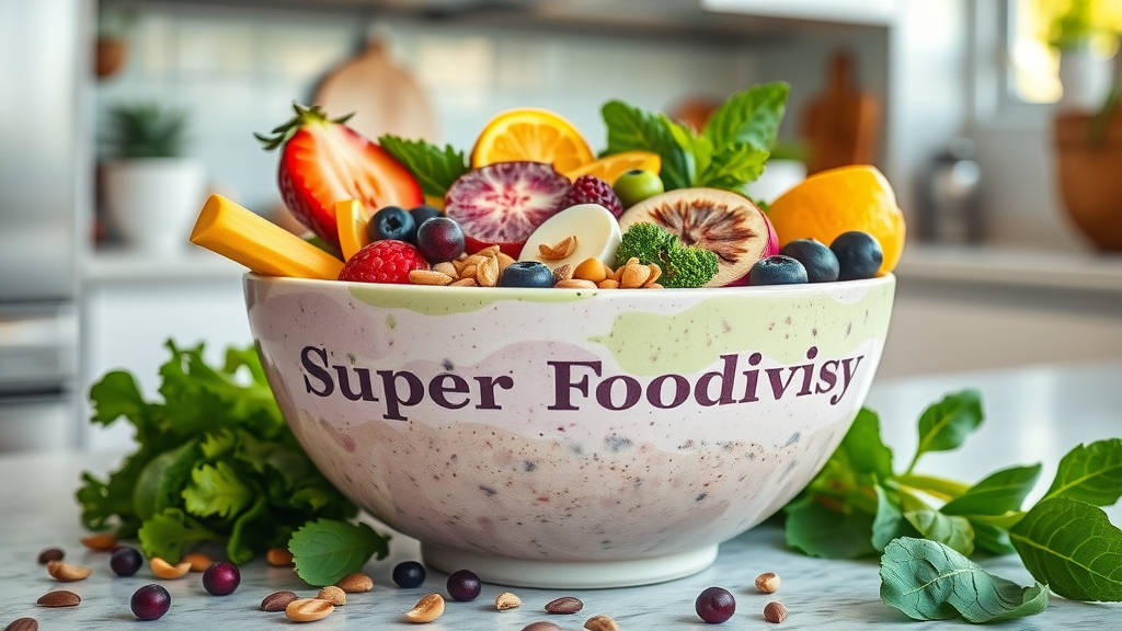 vibrant bowl of assorted superfoods for superfood smoothie recipes on a modern kitchen countertop with fresh ingredients and leafy greens, smoothie splashes, seeds, pastel colors with pops of green and purple, soft natural light