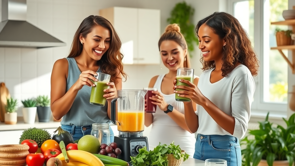 diverse women preparing superfood smoothies, blending and chatting in a bright kitchen with fresh fruits and vegetables for healthy smoothie recipes, natural lighting and vibrant colors