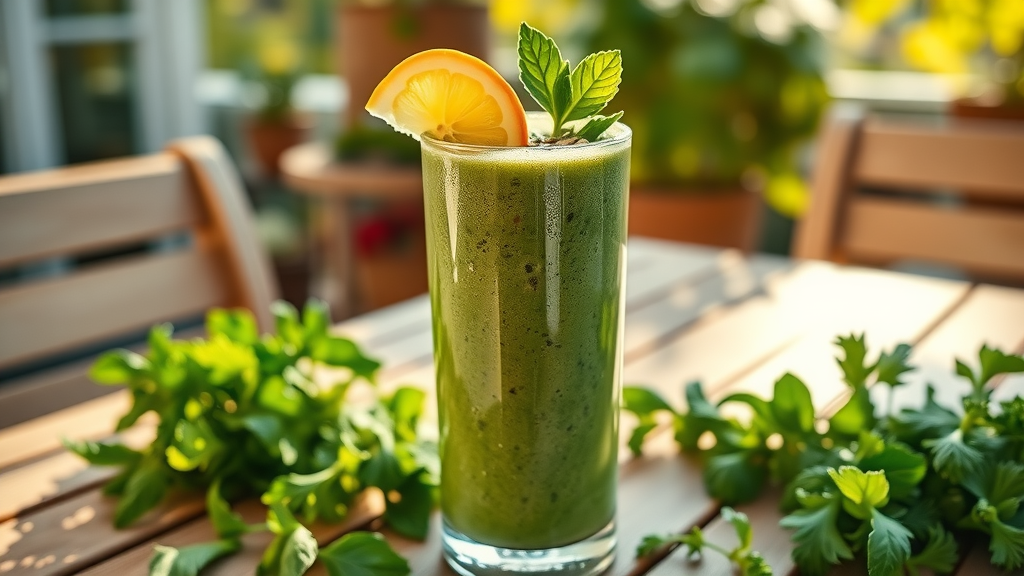 refreshing green smoothie for superfood smoothie recipes in a tall glass, fruit and seeds on top, sun-dappled breakfast patio with morning light