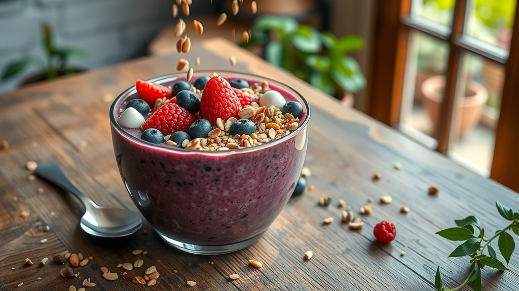 colorful smoothie bowl topped with berries, nuts, and seeds for superfood smoothie recipes on rustic wooden table, open window, natural overhead light