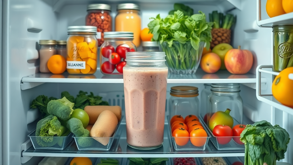organized refrigerator with jars of ready-to-blend superfood smoothie ingredients, labeled jars and fresh produce, vibrant veggies and color contrasts