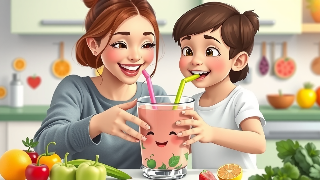 mother and child making a superfood smoothie together, pouring smoothie into kid-friendly cup with colorful straw, surrounded by fresh healthy smoothie ingredients, playful kitchen setting