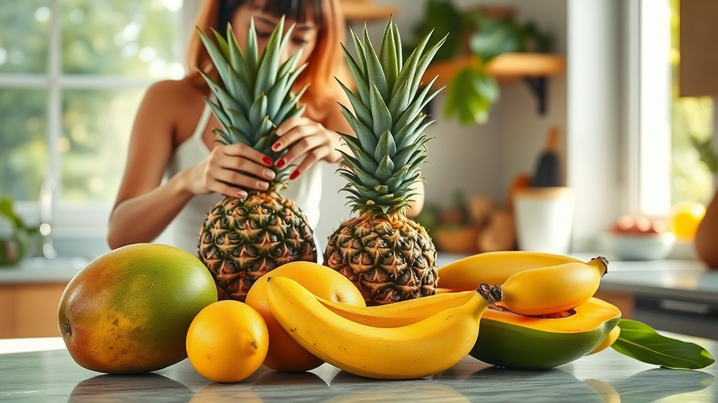 Vibrant arrangement of tropical fruits like pineapple, mango, banana, and papaya for tropical fruit smoothie recipes in a sunlit kitchen