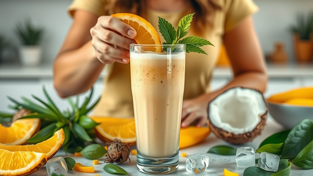 Refreshing tropical smoothie made with pineapple, passion fruit, and coconut water, featuring fresh and frozen smoothie ingredients on a kitchen countertop