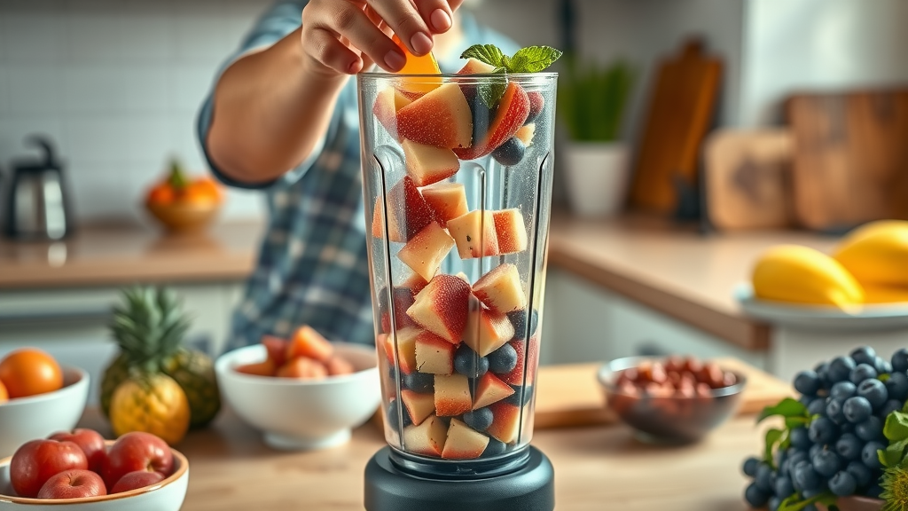 Step-by-step making of a tropical fruit smoothie with hands putting pineapple and banana chunks into a blender on a bright kitchen counter
