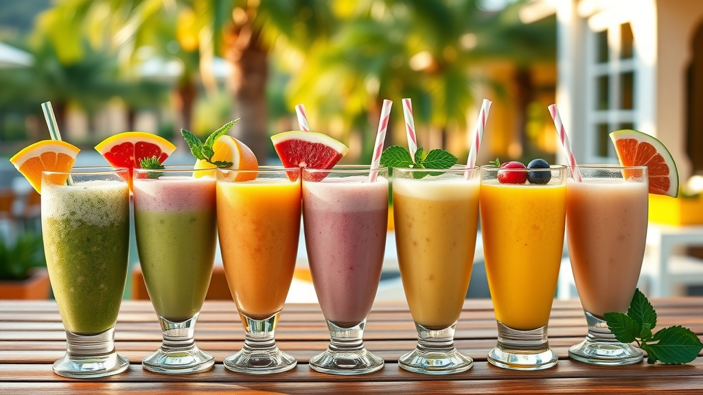 Colorful glasses of finished tropical fruit smoothie recipes with fruit garnishes and mint on an outdoor patio table, palm trees in background