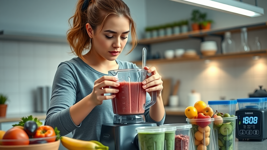 Busy woman making tropical fruit smoothies, multitasking in a modern kitchen setting with blenders and meal prep containers