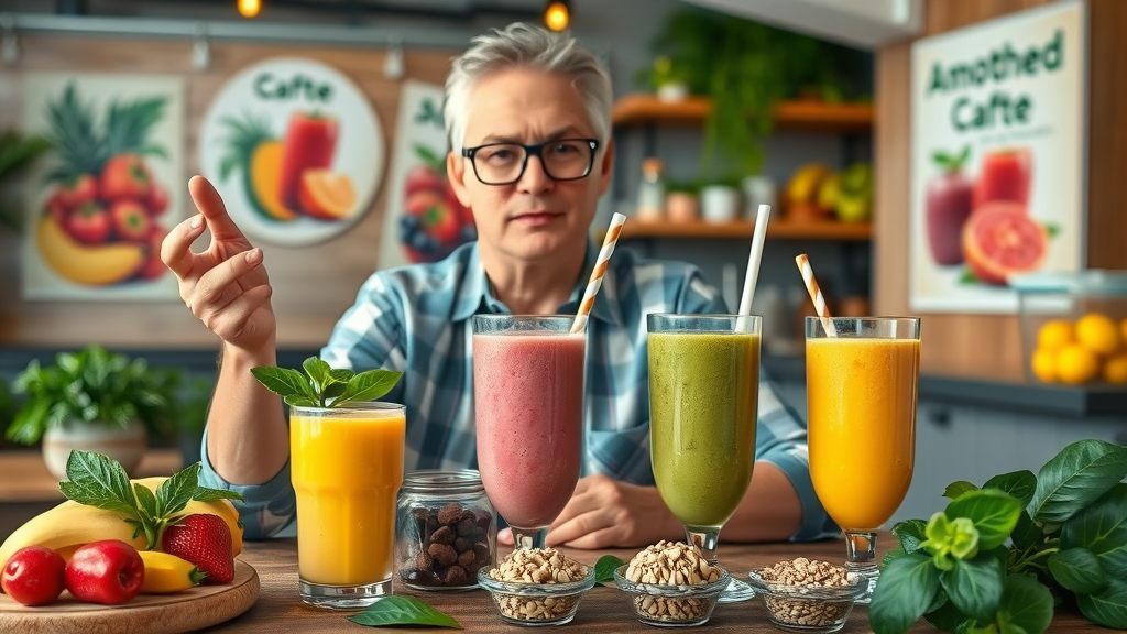 Smoothie expert sharing tips at a table with vibrant tropical smoothies and superfood toppings in a cozy cafe