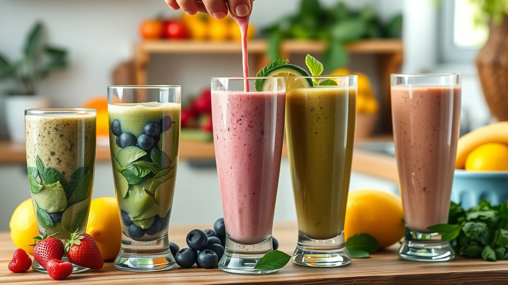 Vibrant assortment of weight loss smoothies with spinach, berries, and tropical fruits on a rustic kitchen counter, weight loss smoothie ideas, healthy smoothie recipes, photorealistic