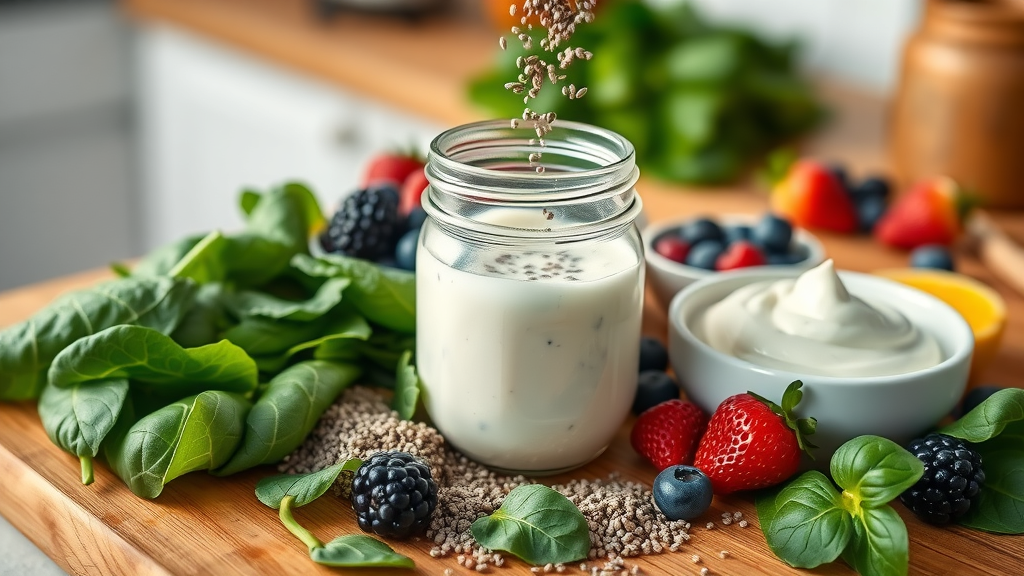 Close-up of healthy smoothie ingredients like spinach, chia seeds, greek yogurt, and berries on a wooden board, weight loss smoothie ingredients, photorealistic, detailed