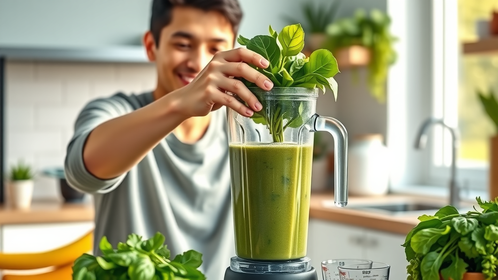 Person preparing a green smoothie with spinach and banana, step-by-step healthy smoothie preparation in a sunlit kitchen, hands showing natural position, weight loss smoothie ideas
