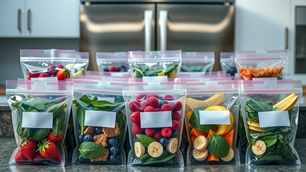 Batch-prepped freezer smoothie packs with berries, spinach, bananas for weight loss, modern kitchen, healthy meal prep, photorealistic, protein smoothie ideas